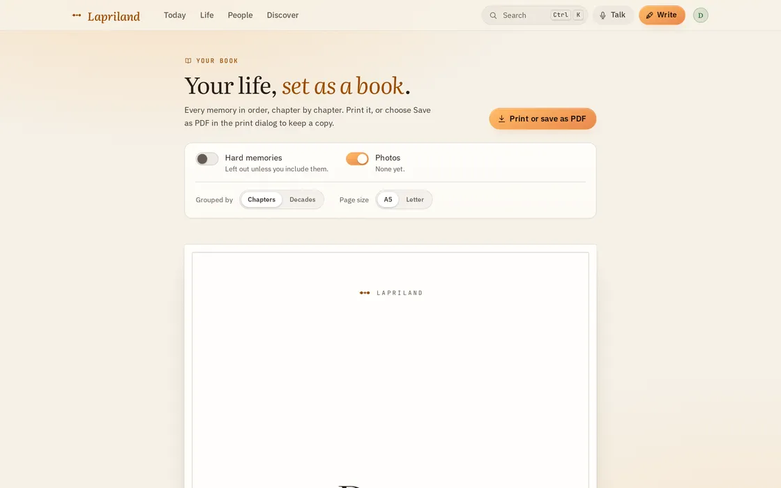 Your book: a title page reading Dana, a life in 34 memories, with print and page-size options.