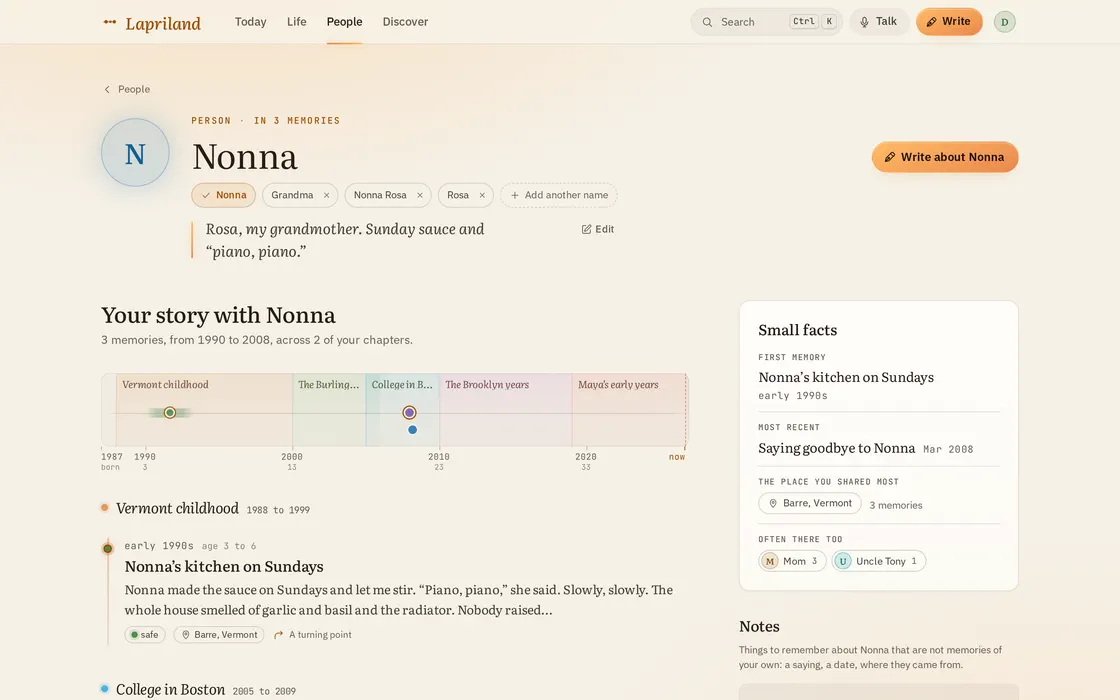 Nonna’s page: her other names, three memories on a timeline across two chapters, and small facts about her.